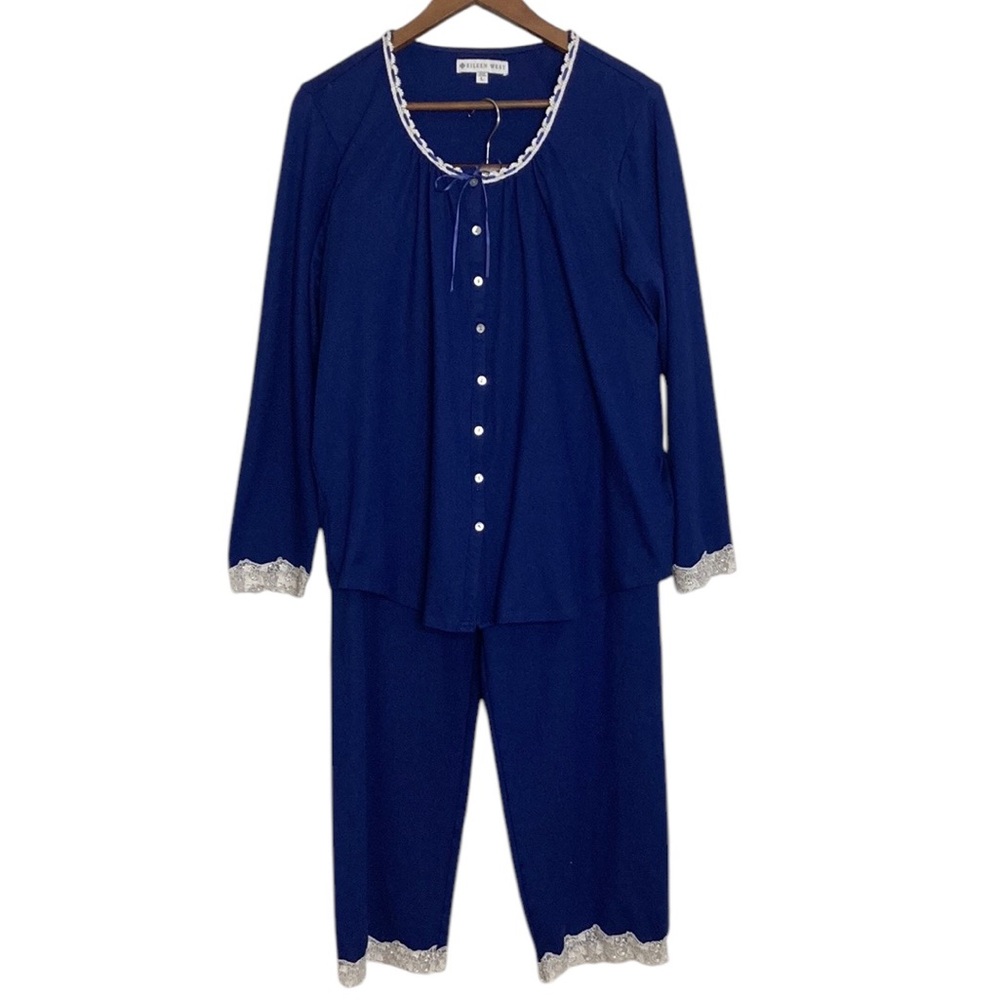 Eileen West Pajamas Womens Large Navy Blue White Lace 2 Piece Top Bottoms